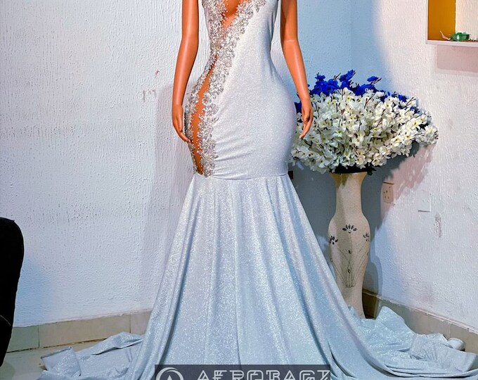 Shimmery Mermaid Prom Dress: African Silver Evening Gown