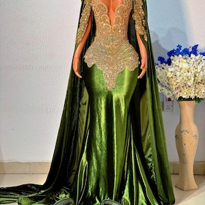 Army Green Cape Prom Dress: Jeweled Mermaid Gown