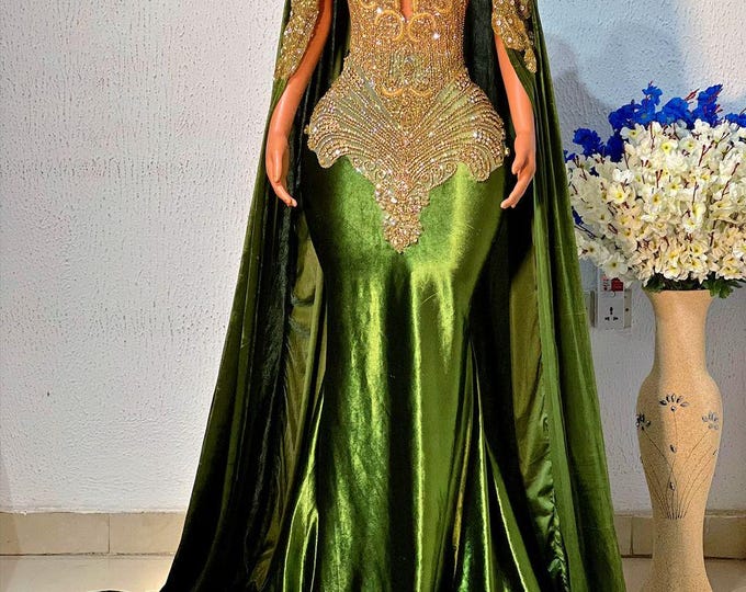 Army Green Cape Prom Dress: Jeweled Mermaid Gown