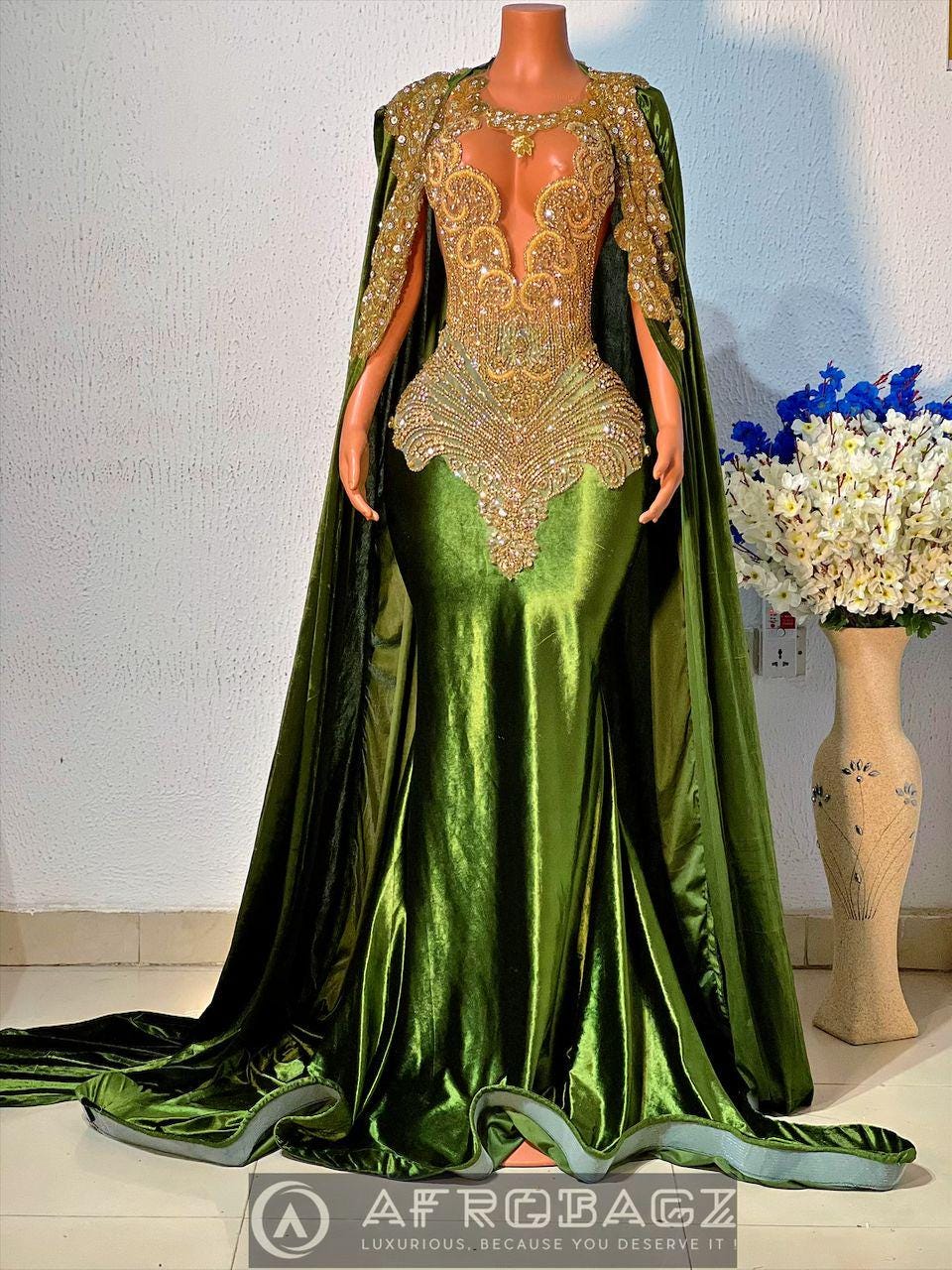 green emerald velvet dress Lanre Green and Yellow Dress