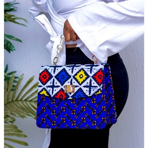 African print bag, Ankara wax print bag, African women fashion bag, Stylish handmade kente bag, Multicolored Summer bag, Pearl handle  bag