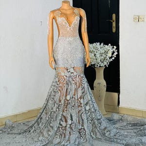 Silver Blue Mermaid Prom Dress: Luxury Evening Gown