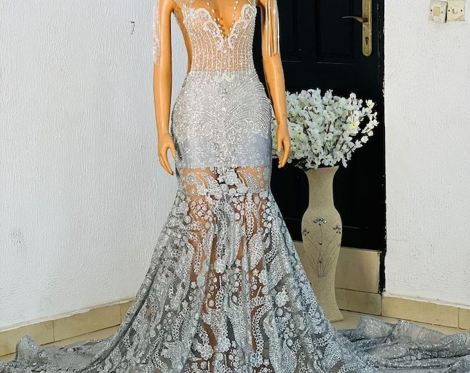Silver Blue Mermaid Prom Dress: Luxury Evening Gown