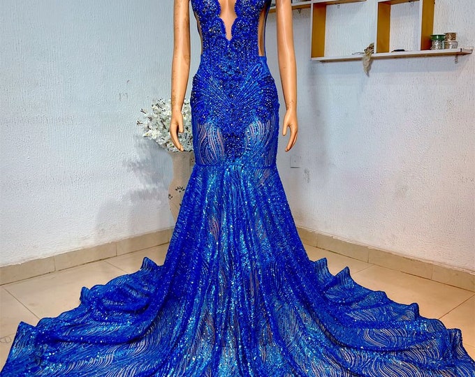 Luxury Blue Mermaid Prom Dress: Custom African Ball Gown