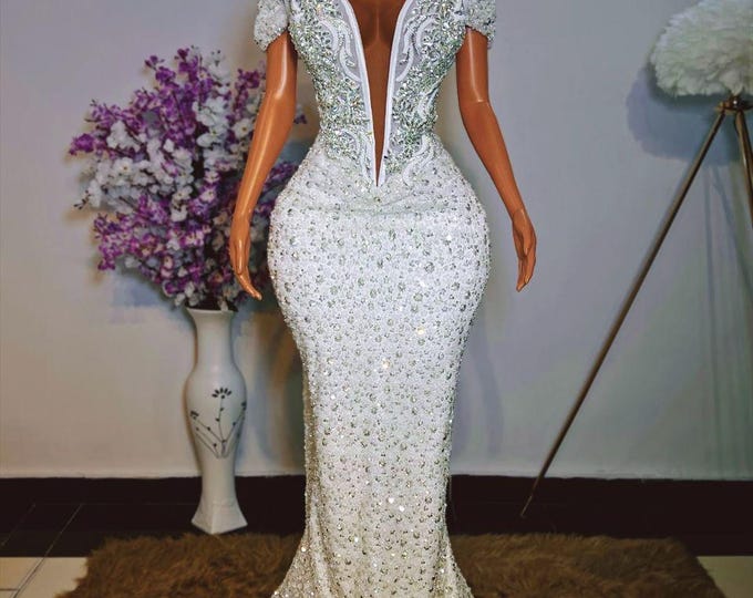 White Mermaid Prom Dress: African Wedding Corset Gown