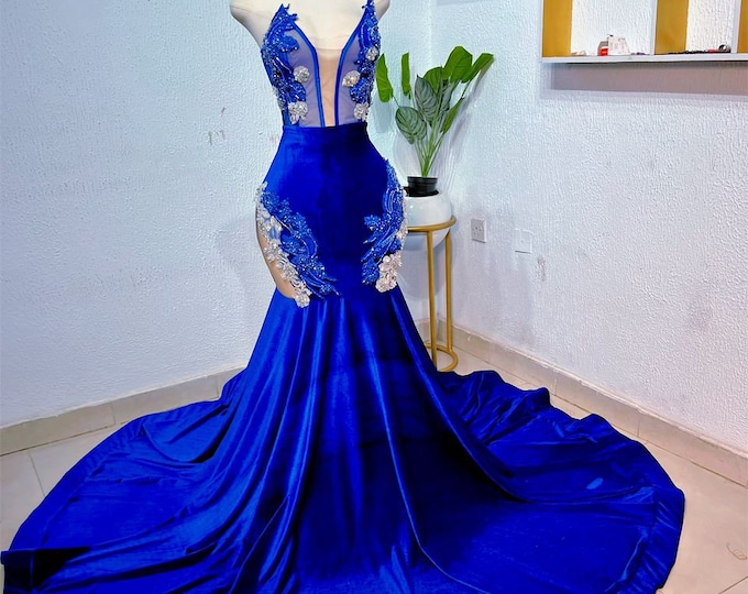 Blue Velvet Mermaid Prom Dress: African Ball Gown