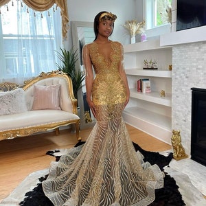 African prom dress, ball dress, luxury gold mermaid prom dress, bridesmaid gown, evening gown, birthday photoshoot gown, dinner party gown