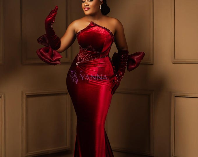 Red Velvet Corset Formal Mermaid Prom Gown | Custom Strapless Evening Dress with Opera Gloves