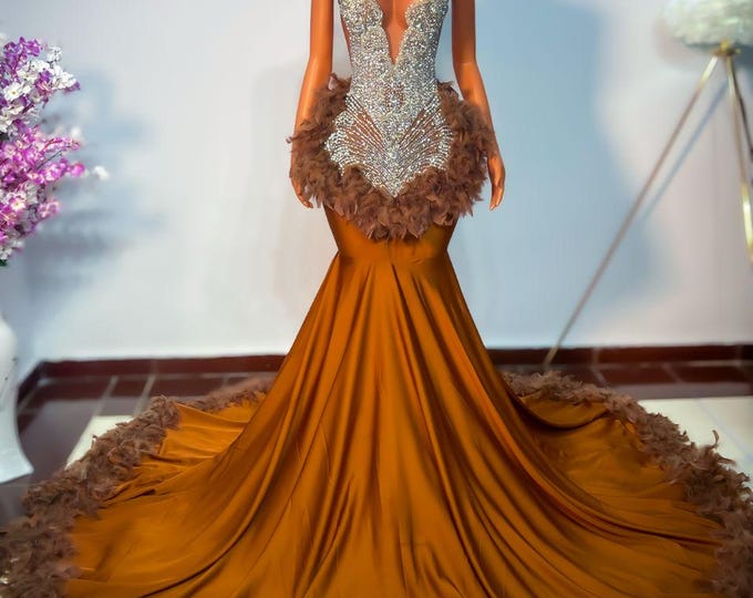 Feather Mermaid Prom Dress: Brown Silk Wedding Gown