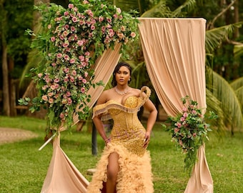 Gold Fringe Corset Gown, Tulle Train, Custom Formal Dress