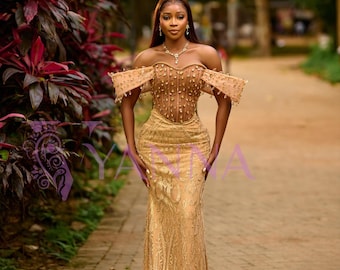 Gold Corset Evening Gown, Handmade Rhinestone Formal Dress