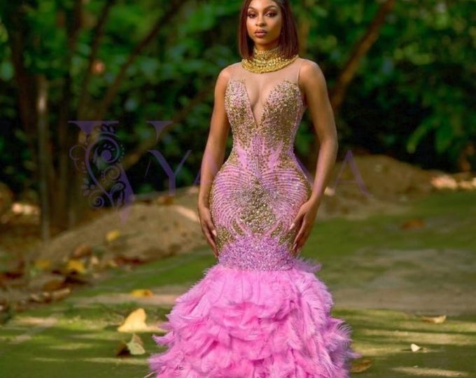 Pink Mermaid Prom Dress | Beaded Corset, Feather Skirt