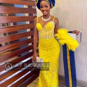 African prom dress, Yellow prom dress, luxury mermaid prom dress, brides wedding party gown, evening dinner gown, birthday shoot party dress