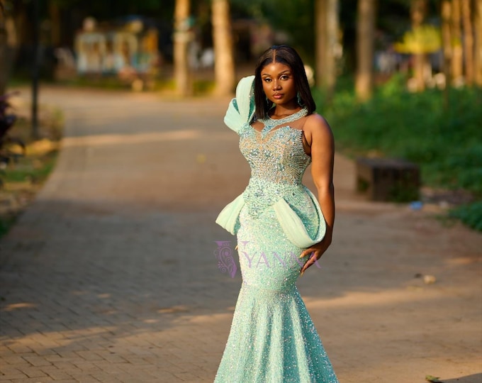 Mint Crystal Mermaid Prom Gown | Beaded Couture Evening Dress