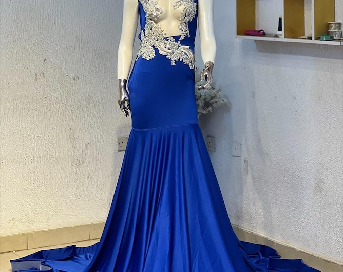Blue Mermaid Prom Dress: Embellished African Wedding Gown