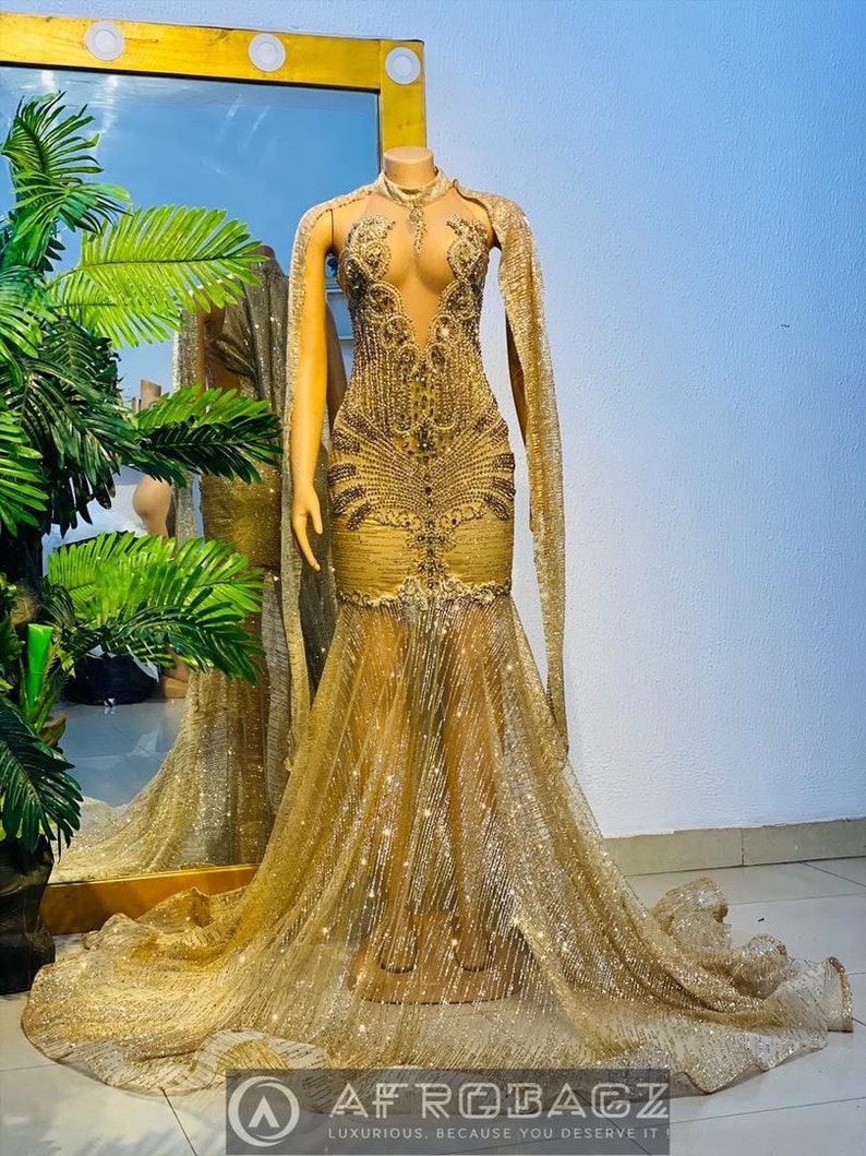 African Prom Dress, Luxury Gold Mermaid Prom Dress, Dress