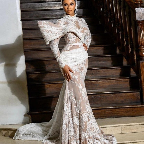 African luxury floral lace Bridal dress, Bride white mermaid gown, reception party gown, civil wedding dress, minimalist Muslim bridal dress