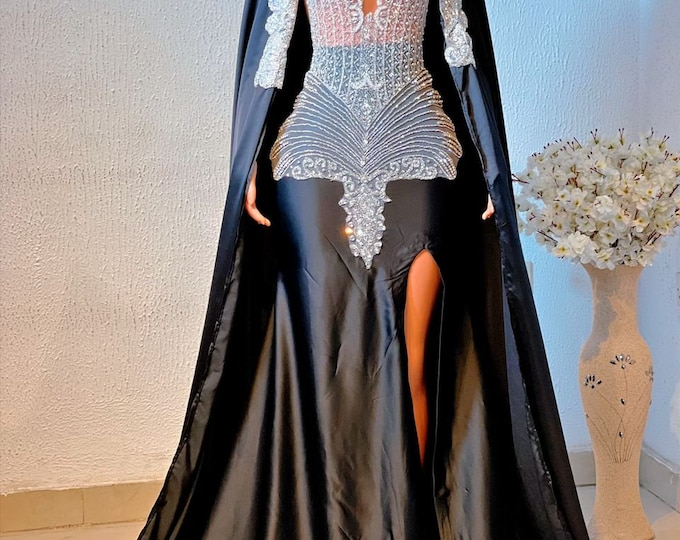 Slitted Silk Prom Dress with Cape: Luxury Mermaid Evening Gown