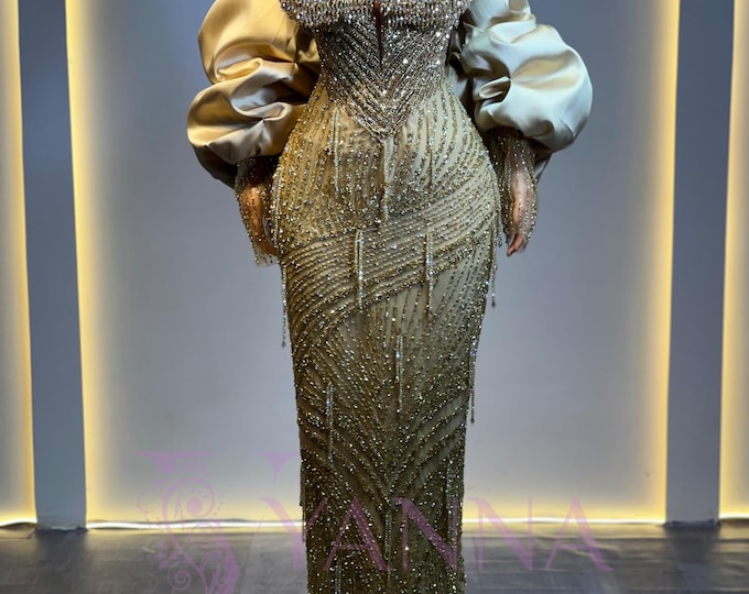 Gold Beaded Mermaid Prom Dress, Crystal Fringe, Detachable Sleeves