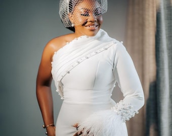 Luxury Pearl Embellished Civil Wedding Dress: Short White Gown