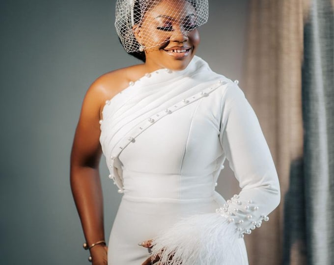 Luxury Pearl Embellished Civil Wedding Dress: Short White Gown