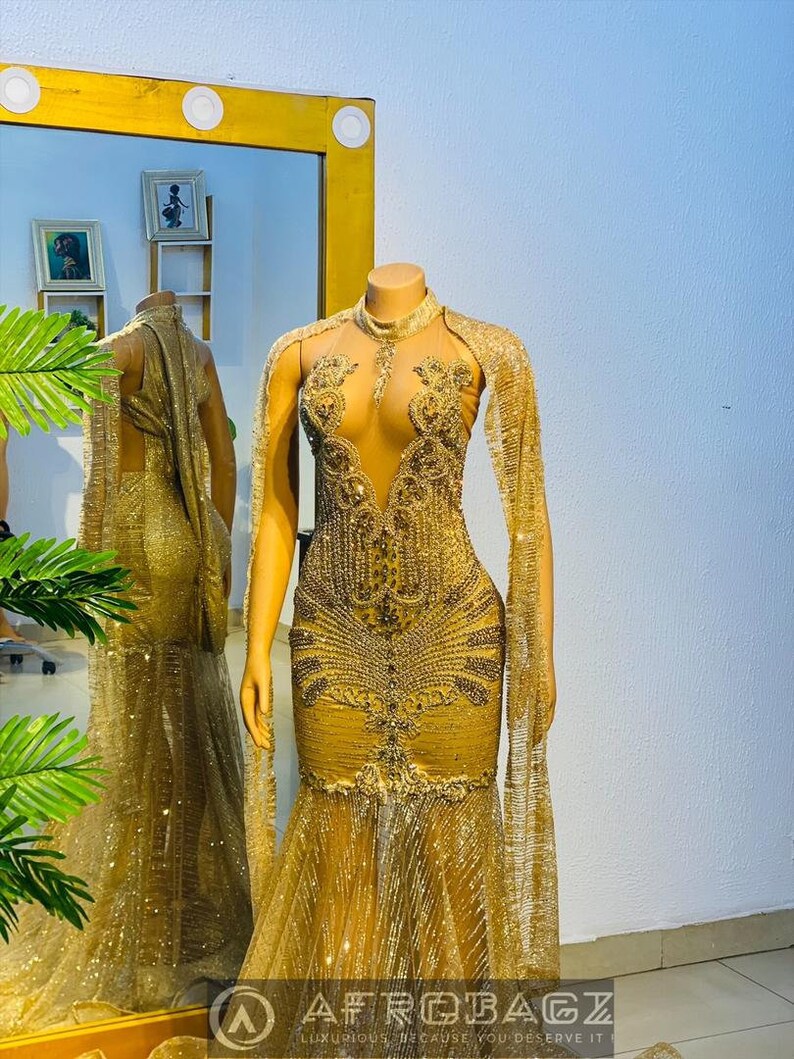 African Prom Dress, Luxury Gold Mermaid Prom Dress, Dress
