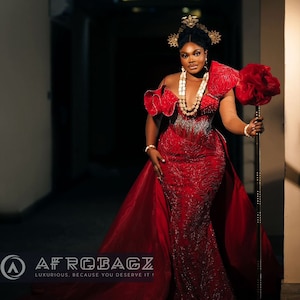 Red prom dress, African women mermaid dress with detachable train, brides wedding dress,  bridal dress, traditional wedding reception gown