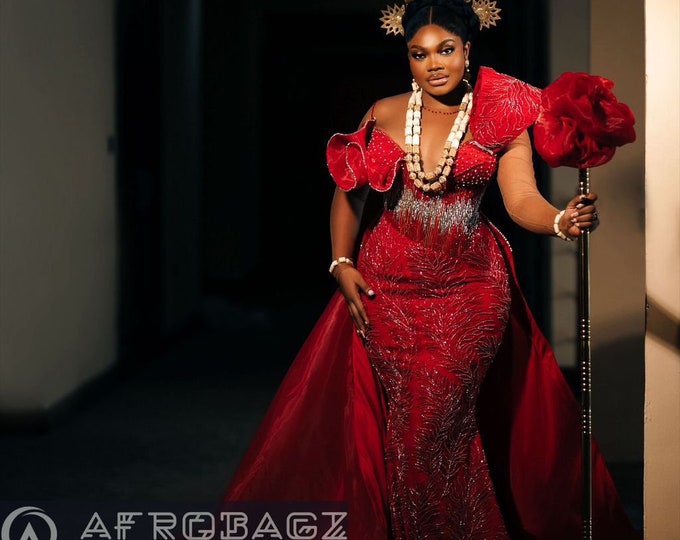 Red Mermaid Prom Dress: African Wedding Gown with Detachable Train