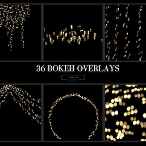 Puede incluir: 36 superposiciones de bokeh doradas para agregar un brillo festivo a las fotos. Las superposiciones son de varias formas y tamaños, incluidos círculos, líneas y puntos dispersos.