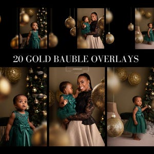 Puede incluir: Imagen compuesta con superposiciones de bolas doradas. Las escenas muestran a un niño con un vestido verde, una mujer con un niño y árboles de Navidad. Se muestra el texto "20 GOLD BAUBLE OVERLAYS".