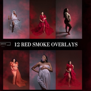 May include: Twelve red smoke overlays for photography. The overlays are in various shades of red and are perfect for adding a dramatic and ethereal effect to your photos.