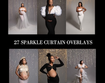 May include: 27 Sparkle Curtain Overlays for maternity photos. The overlays are a shimmering silver and gold color and feature a curtain-like design. The overlays are shown in use with several pregnant women wearing different outfits.