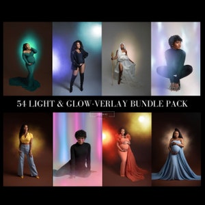 Puede incluir: Imagen promocional con ocho retratos de personas, cada uno sobre un fondo con un efecto de luz suave y brillante. Los sujetos están en varias poses y atuendos. Se muestra el texto "54 LIGHT & GLOW-VERLAY BUNDLE PACK".