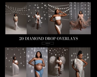 May include: 20 digital overlays featuring a diamond drop design. The overlays are perfect for adding a touch of sparkle to your photos. The overlays are in a variety of sizes and shapes, and they can be used to create a variety of effects.