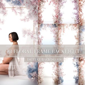 Peut inclure: Image de fonds numériques avec des cadres floraux roses, blancs et bleus. Une femme en robe blanche est visible. Le texte indique "13 Floral Frame Backlight Digital Backdrops".