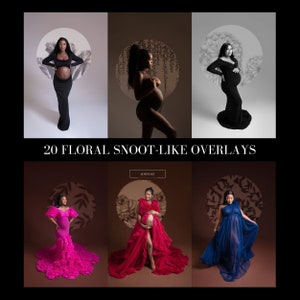 May include: A collection of six images showcasing different maternity photoshoot styles. The images feature pregnant women wearing various dresses and poses, with floral overlays and lighting effects. The images are set against a variety of backgrounds, including white, brown, and black.