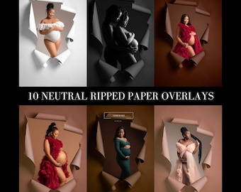 May include: A collection of 10 neutral ripped paper overlays for photographers. The overlays are in various colors, including white, black, brown, and beige. The overlays are designed to create a unique and creative look for photos.