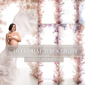 Peut inclure: Dix fonds numériques avec des motifs floraux rétro-éclairés. L'image présente une personne enceinte enveloppée de blanc, encadrée par une arche florale. Les fonds présentent divers arrangements floraux dans des tons roses, violets et bleus.