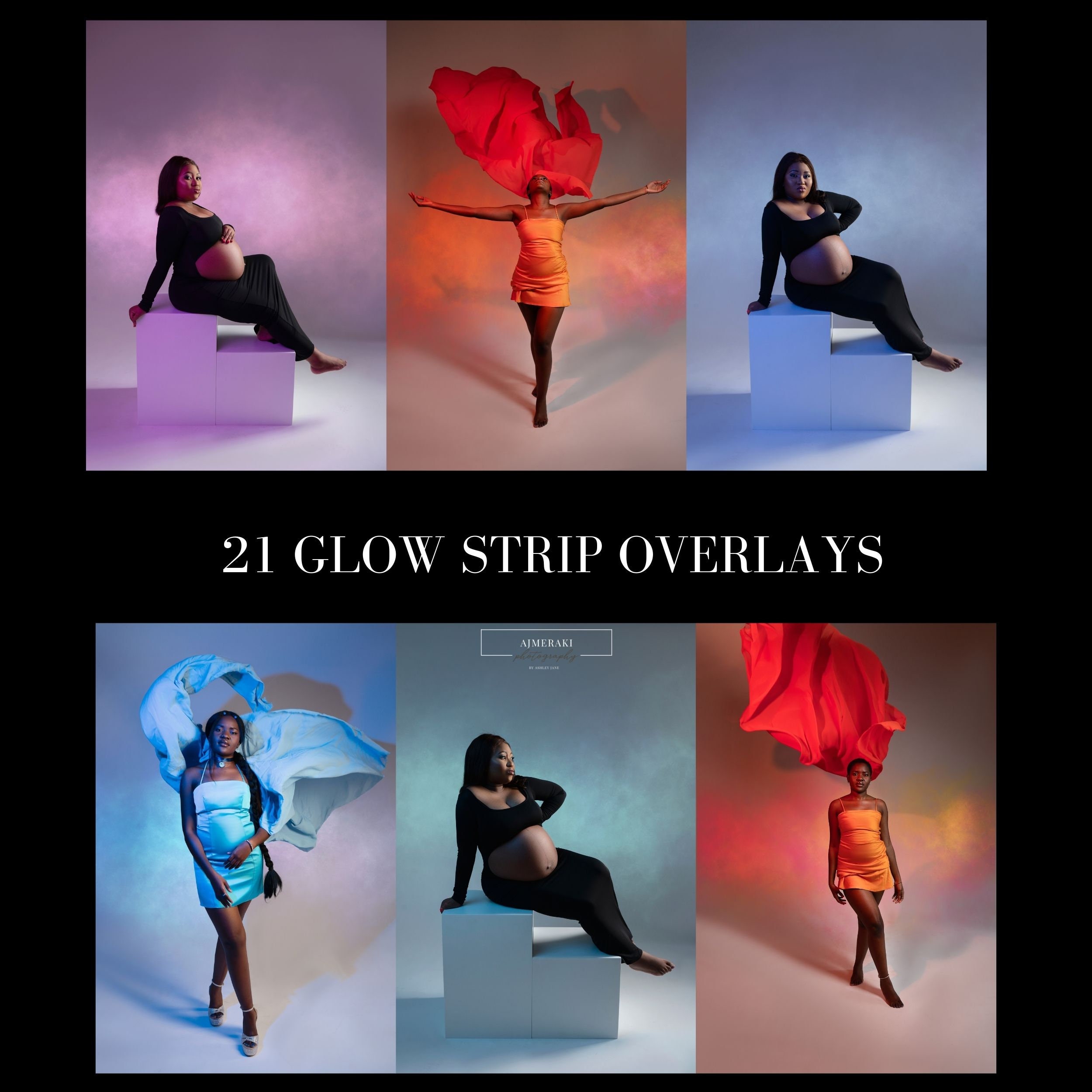 Neon Glow Strip Overlays: Maternity & Portrait Photography (21 PNG)