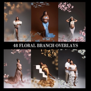 May include: A collection of 48 floral branch overlays for digital photography. The overlays feature delicate branches with white and pink blossoms. The overlays can be used to add a touch of elegance and whimsy to photos.