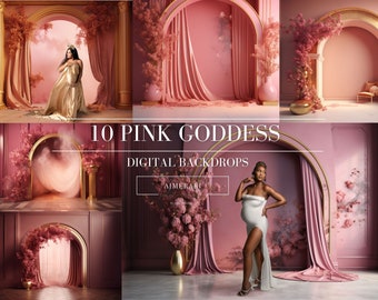 May include: A digital backdrop set featuring 10 pink goddess themed images. The images feature pink curtains, arches, and floral arrangements. The text "10 PINK GODDESS DIGITAL BACKDROPS AJMERARI" is displayed on the image.