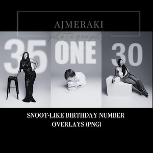 May include: Black and white image featuring three scenes with the numbers 35, ONE, and 30 in the background. The image includes a woman in a black dress, a baby eating a cake, and a woman in jeans and a white top. Text at the bottom reads "SNOOT-LIKE BIRTHDAY NUMBER OVERLAYS (PNG)".