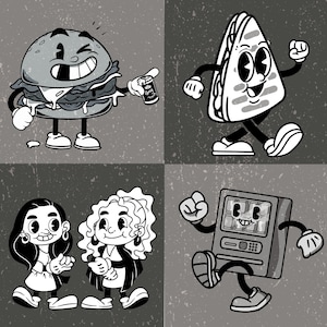Benutzerdefinierte Retro Charaktere | Retro Cartoon Charakter | Cartoon Charakter Design | Karikatur Auftrag | 1930 Retro Figuren | Gummischlauch