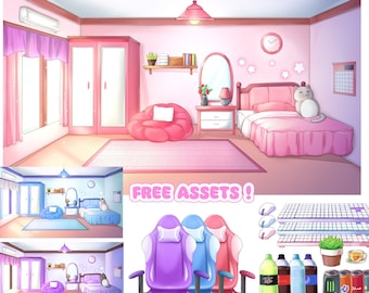 Pink Gamer Girl Room Vtuber Background: Twitch Overlay Package (Digital Download)