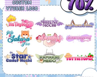 May include: A collection of 10 colorful and cute custom VTuber logos with various designs, including a fox, a star, a mochi, and a flower. The text "CUSTOM VTUBER LOGO | KAWAII LOGO DESIGN BEST QUALITY" is at the bottom of the image. The text "Discount 70%" is in a purple cloud at the top right corner of the image.