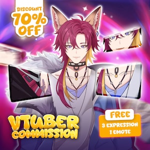 Puede incluir: Imagen promocional para una comisión de VTuber, con un personaje de estilo anime con orejas de zorro y cabello rojo. La imagen incluye texto que dice "Discount 70% Off" y "Free 3 Expression 1 Emote". El personaje lleva un atuendo blanco y azul.