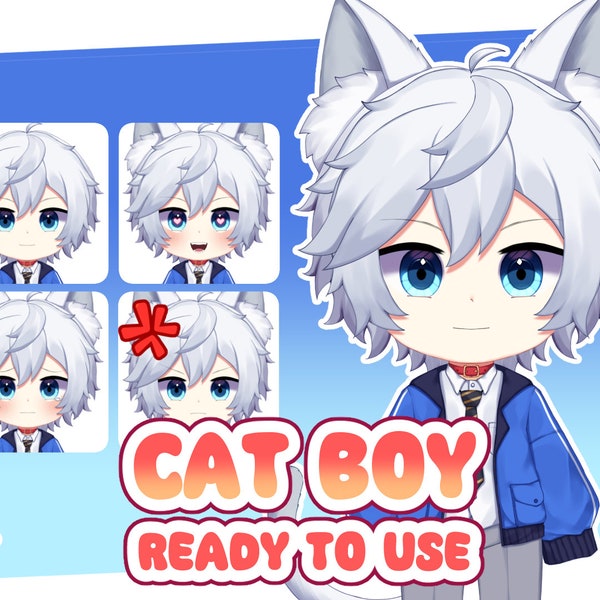 Vorgefertigtes Live2D Vtuber Modell für Kommerzielle Nutzung | Weiße Katze Junge männlich Vtuber (gebrauchsfertig) | Ganzkörper voll getakelter Chibi Anime Model