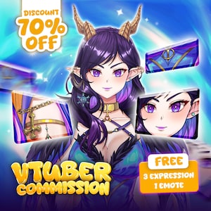 May include: An anime-style illustration of a character with purple hair, horns, and elf ears. The image promotes a VTuber commission with a 70% discount and includes free expressions and emotes.