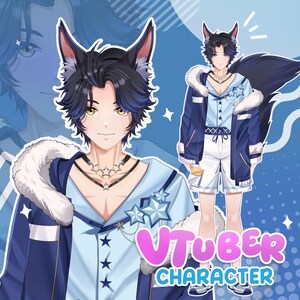 Anime-style VTuber avatar of a male character with dark blue hair and wolf ears, golden eyes, and a soft expression, shown in close-up and full body views, wearing a blue outfit with fur collar, star accessories, and layered necklaces on a clean blue background