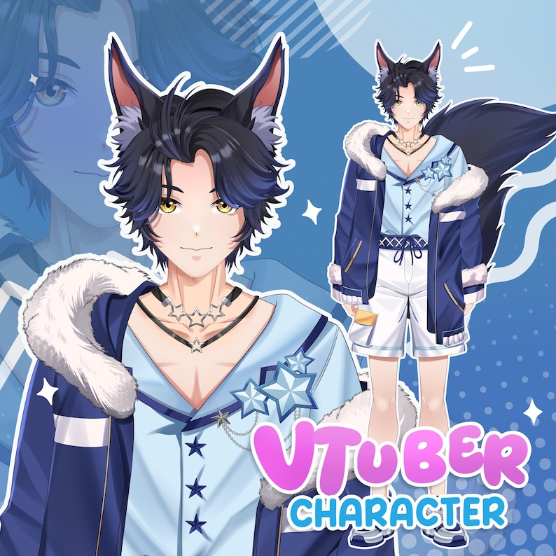 Anime-style VTuber avatar of a male character with dark blue hair and wolf ears, golden eyes, and a soft expression, shown in close-up and full body views, wearing a blue outfit with fur collar, star accessories, and layered necklaces on a clean blue background